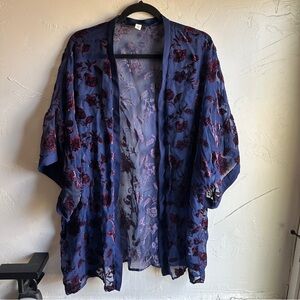 Navy Blue & Burgundy Velvet Burnout Floral Kimono Cardigan Sheer Boho Chic Sz L